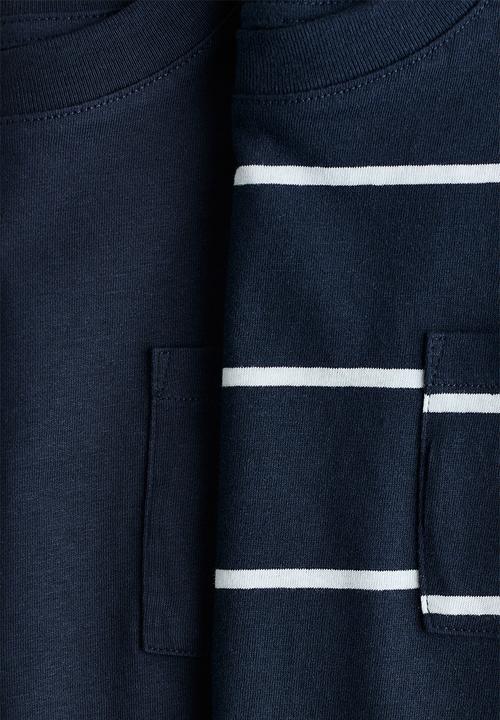 H&M - 2-pack pocket-detail t-shirts - navy blue/striped