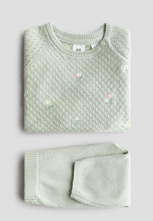 H&M - 2-Piece cotton-knit set - light dusty green/flowers