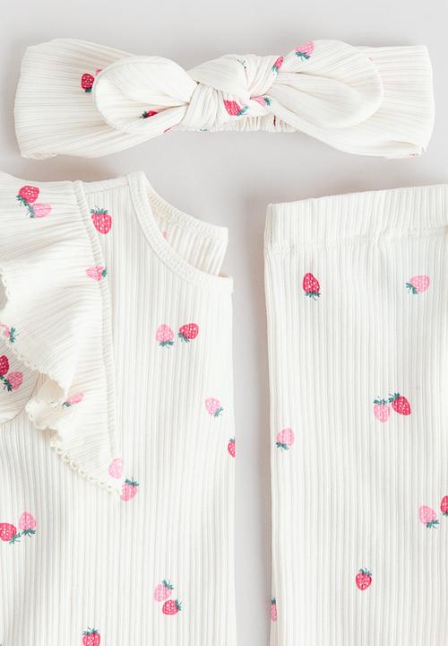 H&M - 3-piece printed cotton set - white/strawberries