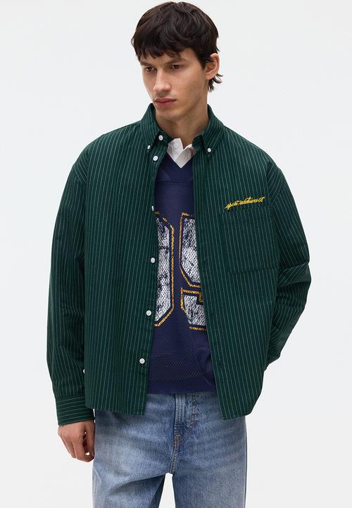H&M - Loose fit oxford shirt - dark green/striped