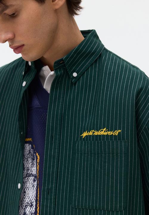 H&M - Loose fit oxford shirt - dark green/striped