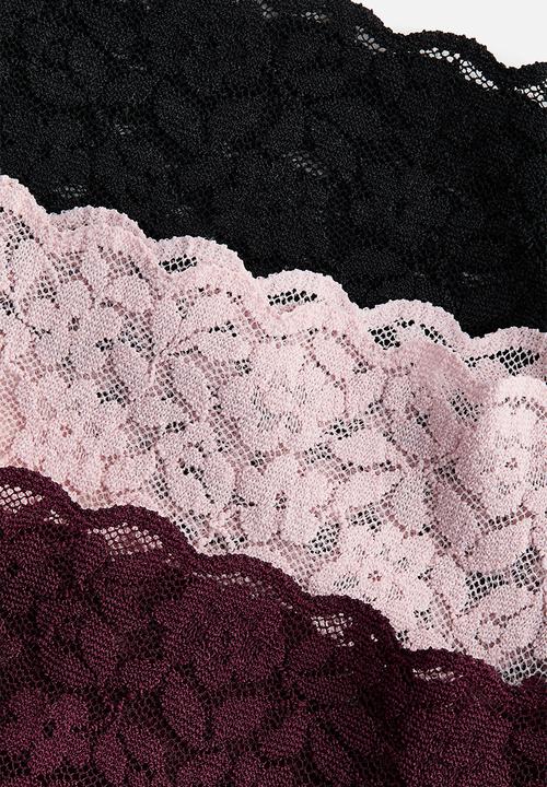 H&M - 3-pack lace thong briefs - burgundy/light pink/black