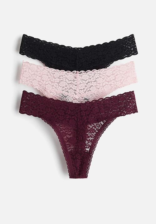 3-pack lace thong briefs - burgundy/light pink/black