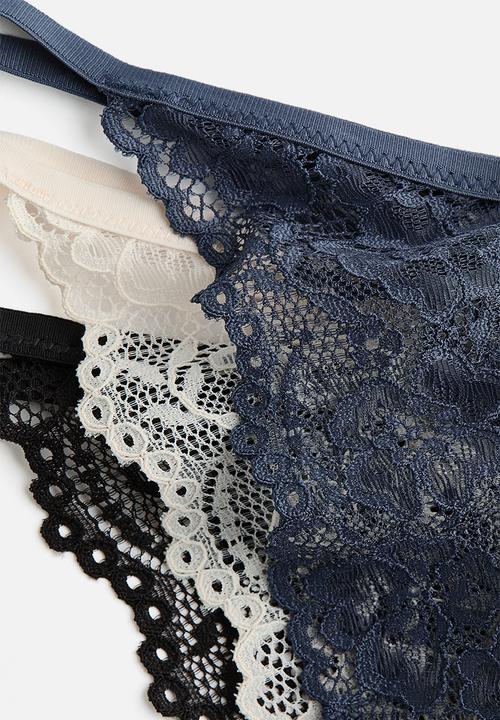 H&M - 3-pack lace tanga thong briefs - navy blue/cream/black