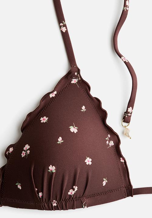 H&M - Push-up triangle bikini top - dark brown/floral