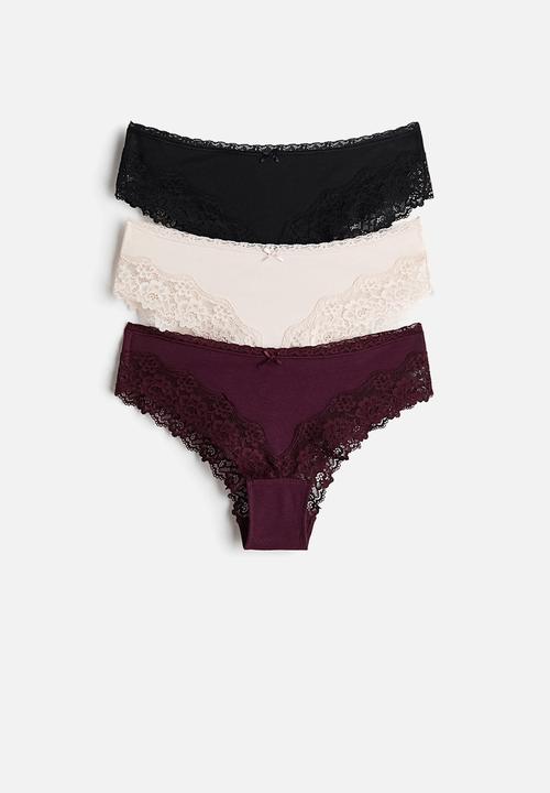 3-Pack cotton and lace hipster briefs - burgundy/cream/black