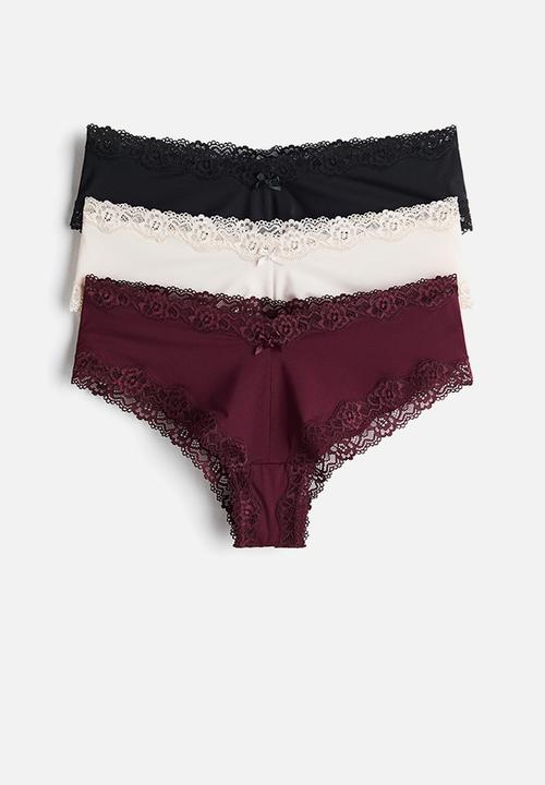 3-Pack microfibre and lace hipster briefs - burgundy/black/cream
