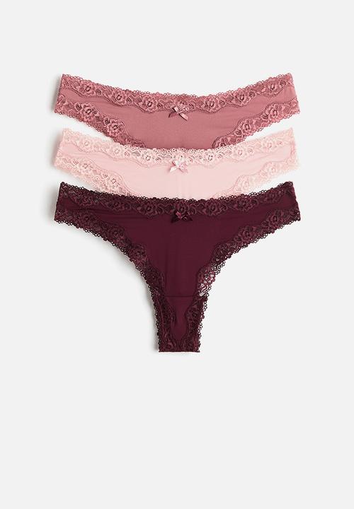 3-pack microfibre and lace brazilian briefs - burgundy/dusty pink/light pink