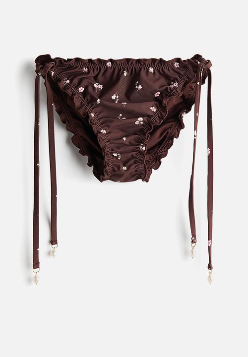 H&M - Tie tanga bikini bottoms - dark brown/floral