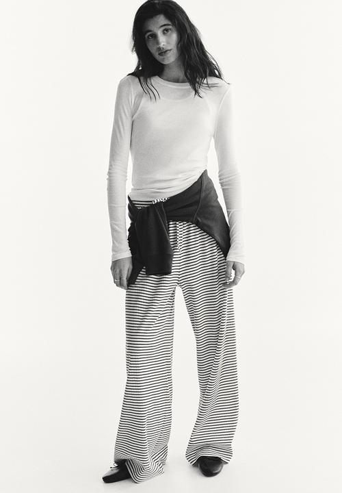 H&M - Ribbed drawstring trousers - white/striped