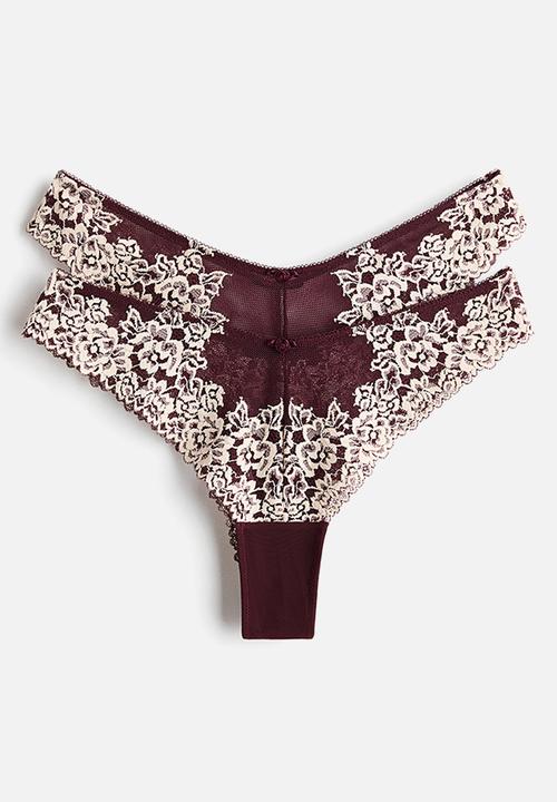 H&M - 2 Pack lace brazilian briefs - burgundy/cream