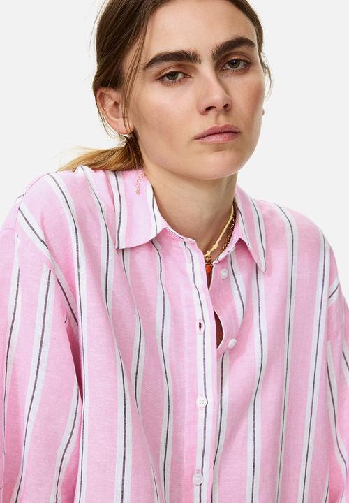 H&M - Oversized linen-blend shirt - light pink/striped