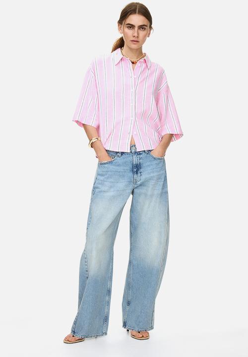 H&M - Oversized linen-blend shirt - light pink/striped