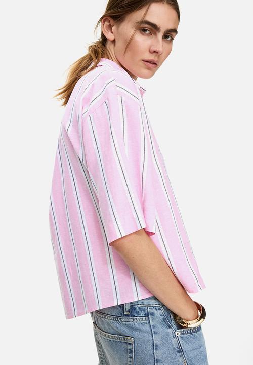 H&M - Oversized linen-blend shirt - light pink/striped