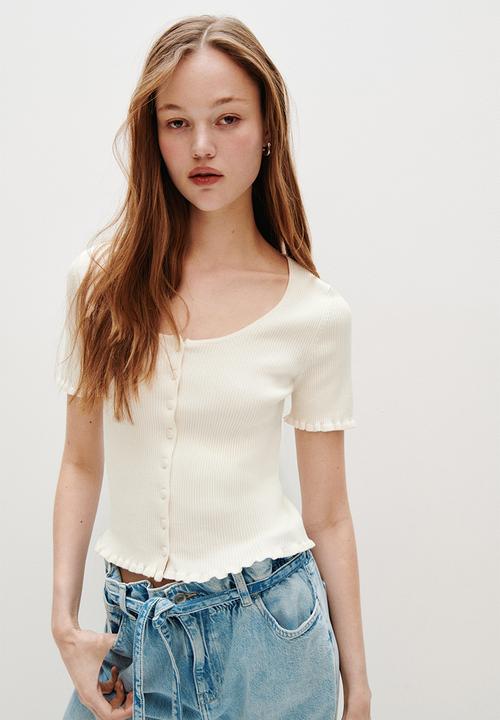 Short-sleeved rib-knit cardigan - cream