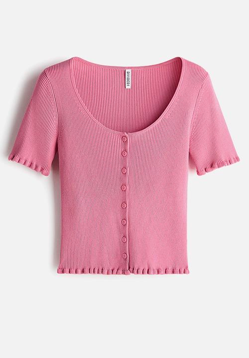 H&M - Short-sleeved rib-knit cardigan - pink
