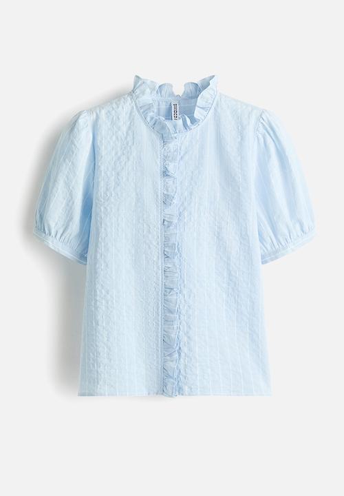 H&M - Frill-trimmed cotton blouse - light blue/striped
