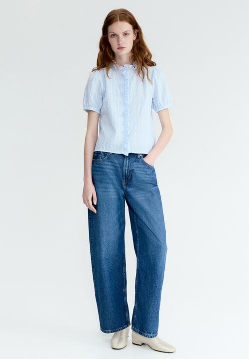 H&M - Frill-trimmed cotton blouse - light blue/striped