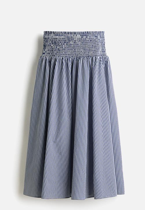 H&M - Smocked-waist skirt - navy blue/striped
