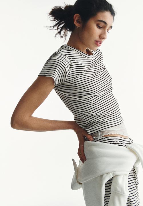 H&M - Ribbed t-shirt - white/dark brown striped