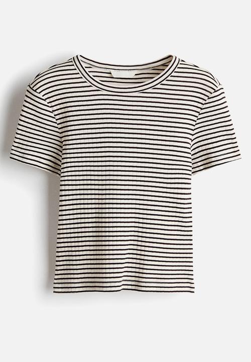 H&M - Ribbed t-shirt - white/dark brown striped