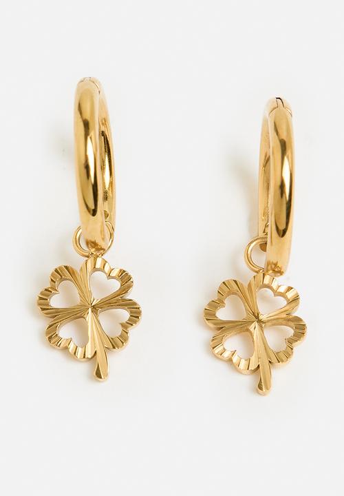 Zoe on Trend - Lucky Clover Dangle Hoop Earrings - Gold