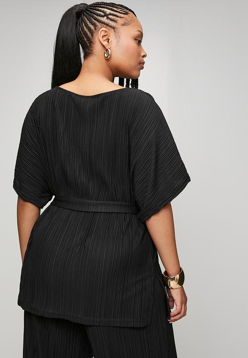 Me&B - Plus Kimono Sleeve Plisse Top With Sash - Black