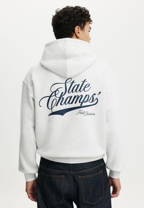 Cotton On - Box Fit Graphic Hoodie - Athletic Marle/State Champs
