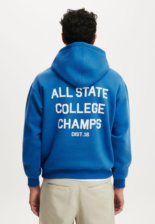 Cotton On - Box Fit Graphic Hoodie - Carolina Blue/All State Football