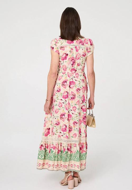 Stella Morgan - Cap Sleeve With Flutter V-Neck Button Through Maxi Dress With Border Print Detail - Multi Pink