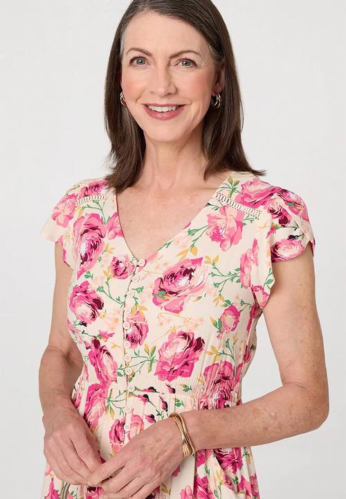 Stella Morgan - Cap Sleeve With Flutter V-Neck Button Through Maxi Dress With Border Print Detail - Multi Pink
