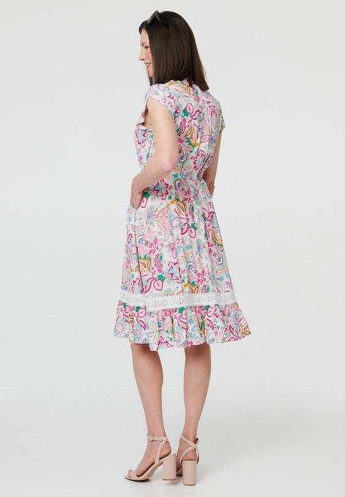MANDI - Cap Sleeve With Flutter V-Neck Button Through Midi Dress Printed - Multi White