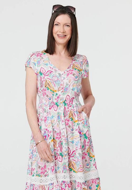 MANDI - Cap Sleeve With Flutter V-Neck Button Through Midi Dress Printed - Multi White