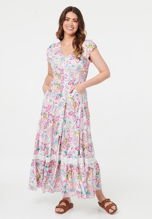 Stella Morgan - Cap Sleeve With Flutter V-Neck Button Through Maxi Dress Printed - Multi White