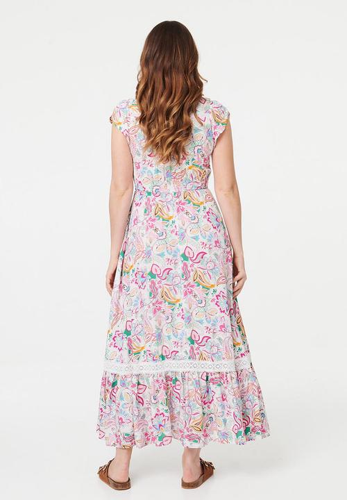 Stella Morgan - Cap Sleeve With Flutter V-Neck Button Through Maxi Dress Printed - Multi White