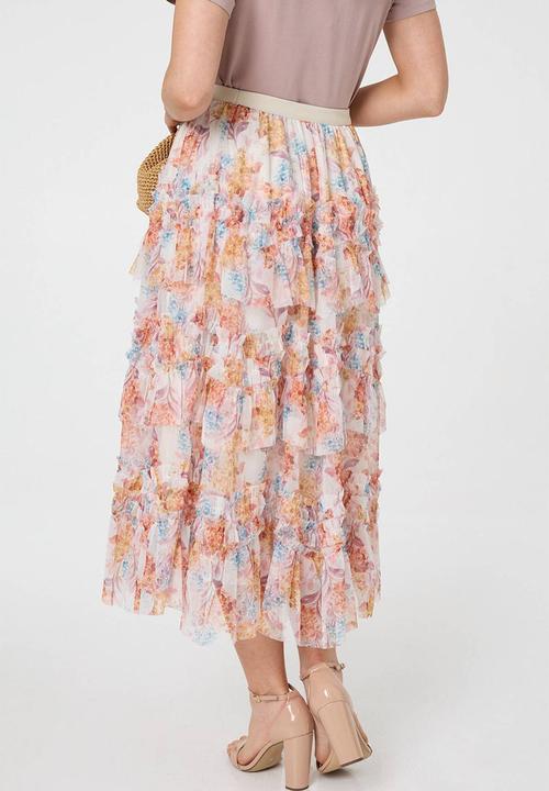 Stella Morgan - Elasticated Multi Tiered Printed Mesh Midi Skirt - Multi Cream