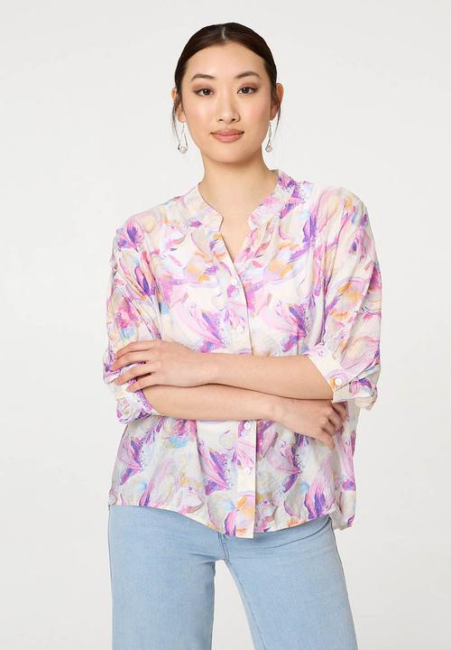 Stella Morgan - Half Sleeve Batwing Easy Wearing Printed Sheer Blouse With Back Button Stand Detail - Pink