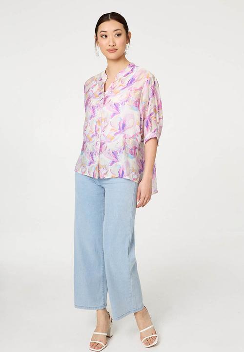 Stella Morgan - Half Sleeve Batwing Easy Wearing Printed Sheer Blouse With Back Button Stand Detail - Pink