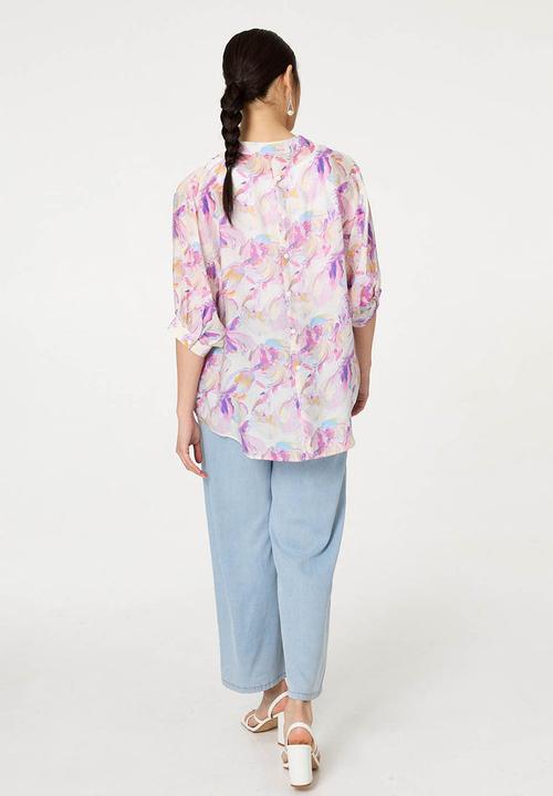 Stella Morgan - Half Sleeve Batwing Easy Wearing Printed Sheer Blouse With Back Button Stand Detail - Pink