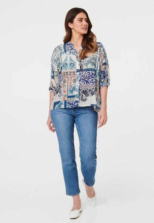 Izabel London - Half Sleeve Batwing Easy Wearing Printed Sheer Blouse With Back Button Stand Detail - Multi Blue