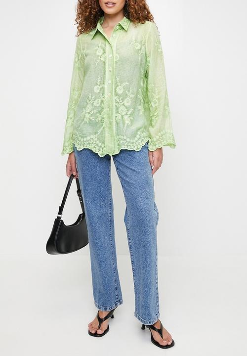 Stella Morgan - Embroidered voile blouse with scallop hem and sleeve end detail - Sage