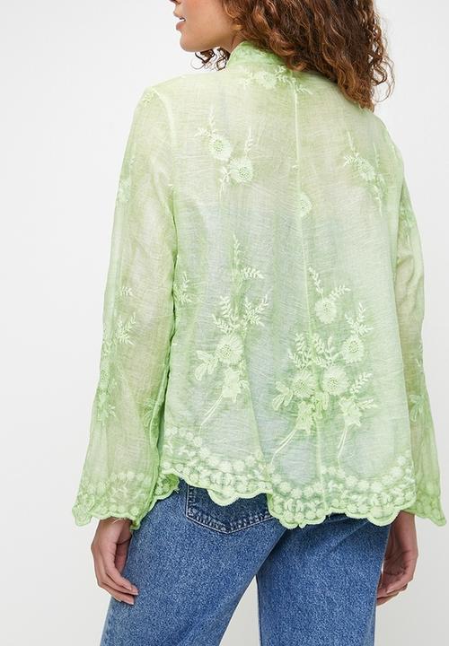 Stella Morgan - Embroidered voile blouse with scallop hem and sleeve end detail - Sage