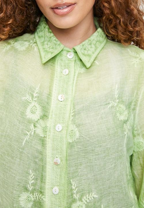 Stella Morgan - Embroidered voile blouse with scallop hem and sleeve end detail - Sage
