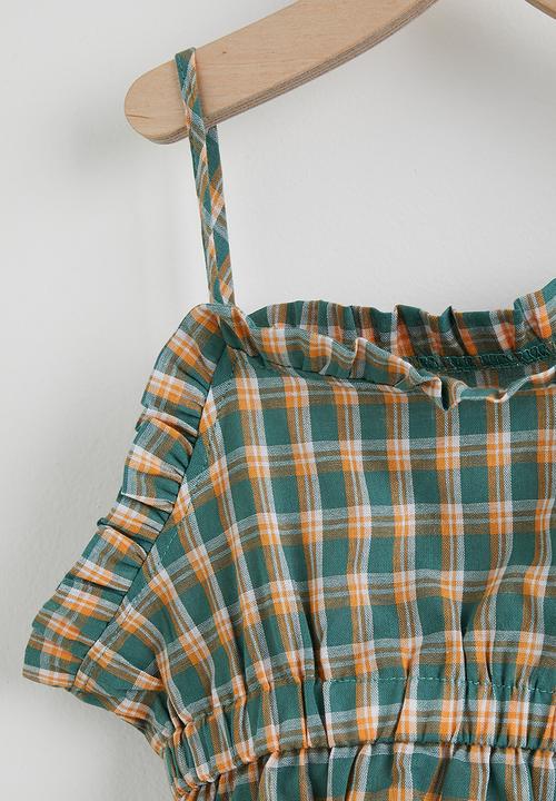 Pop Candy - Plaid ruffle trim top and tiered skirt - blue/orange 