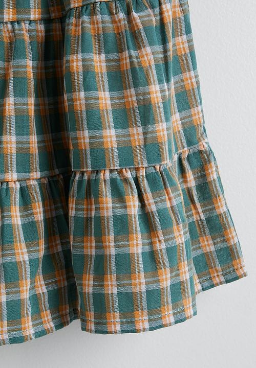 Pop Candy - Plaid ruffle trim top and tiered skirt - blue/orange 