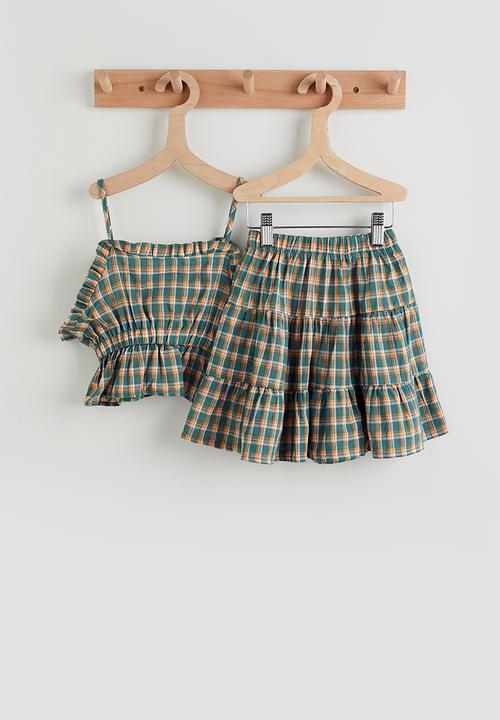 Pop Candy - Plaid ruffle trim top and tiered skirt - blue/orange 