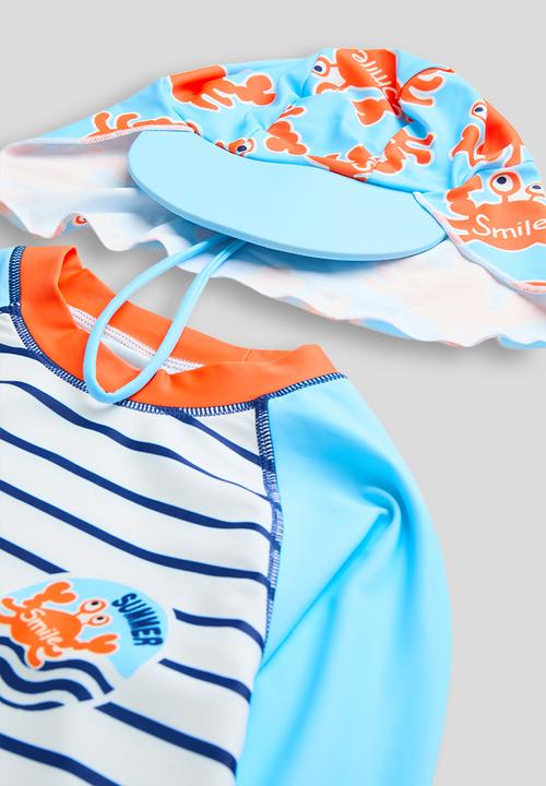 Pop Candy - Rash vest and boardshorts and sun hat - light blue/aop