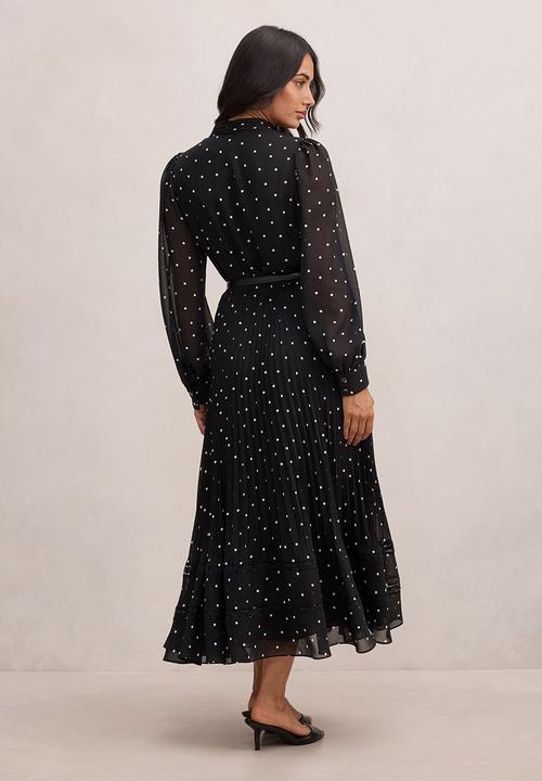 Forever New - Clara pleated lace trim midi dress in dark risley spot
