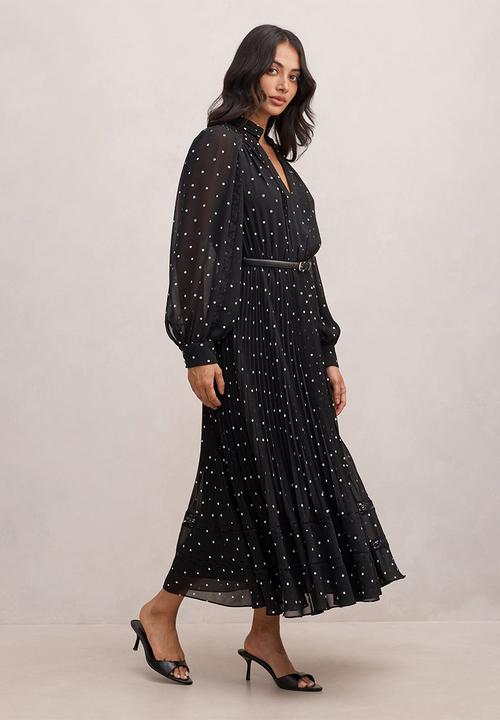 Forever New - Clara pleated lace trim midi dress in dark risley spot