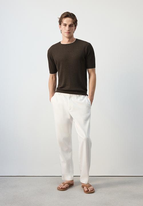 MANGO - Orion Ribbed linen lyocell blend T-shirt - Brown